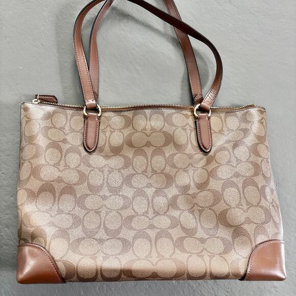 Coach Signature Canvas Zip Top Tote Bag F29208 Tan Gold Hardware - Preowned - Picture 5 of 16